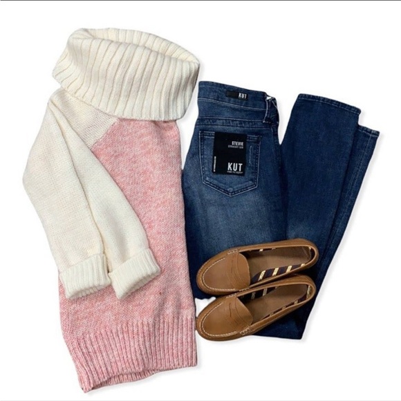 NWT ModCloth Raglan Cowl Neck Pink Color Block Cozy Knit Turtleneck Sweater LG - Picture 7 of 12